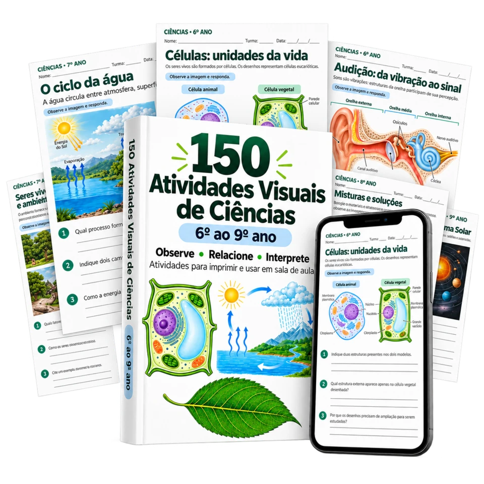 Mockup do pack de Ciências com atividades impressas e prévia para celular